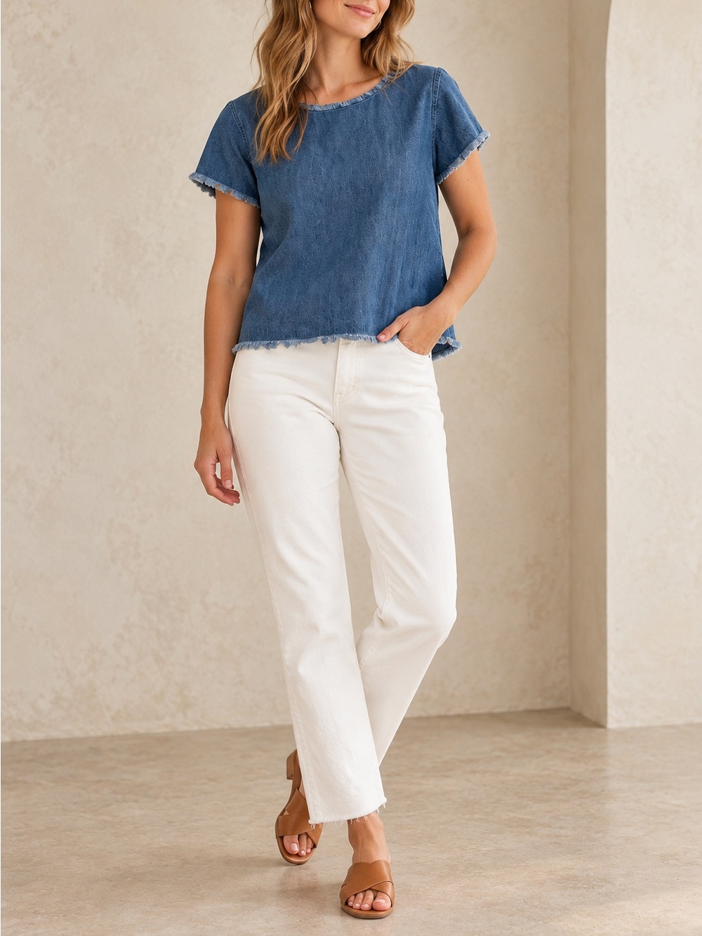 Cloth & Stone Anthropologie Denim Tencel Frayed Raw Edge Boxy Top Blue M
